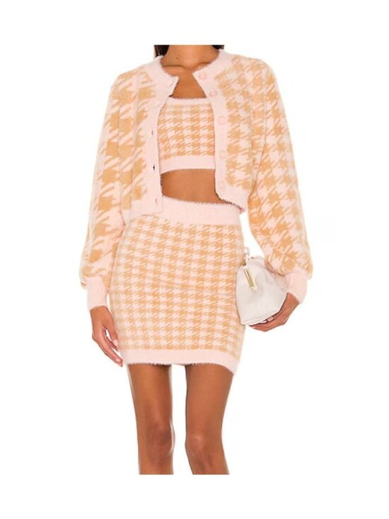 For Love And Lemons Sweaters - For Love & Lemons Cher Cardigan Tank Skirt Set M Light Pink Orange Houndstooth